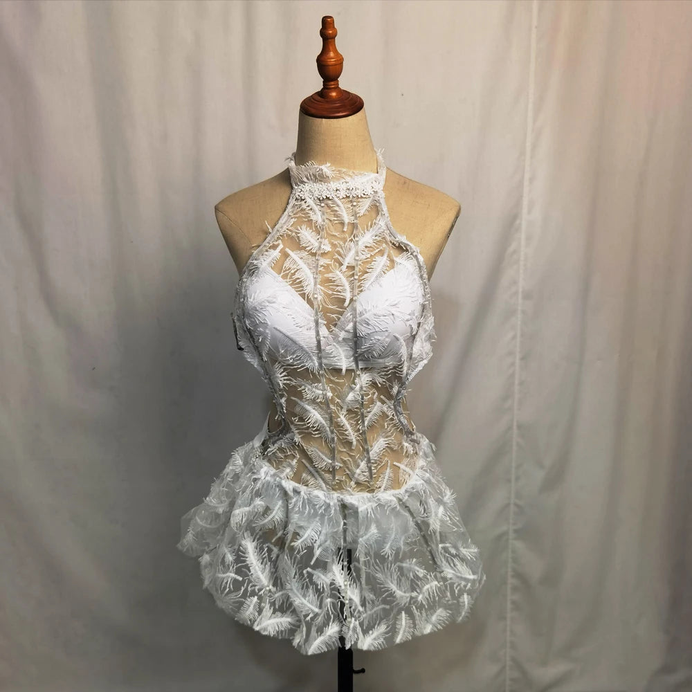 Halo LED Feather Mini Dress with lights off showing white feather appliqué on sheer mesh