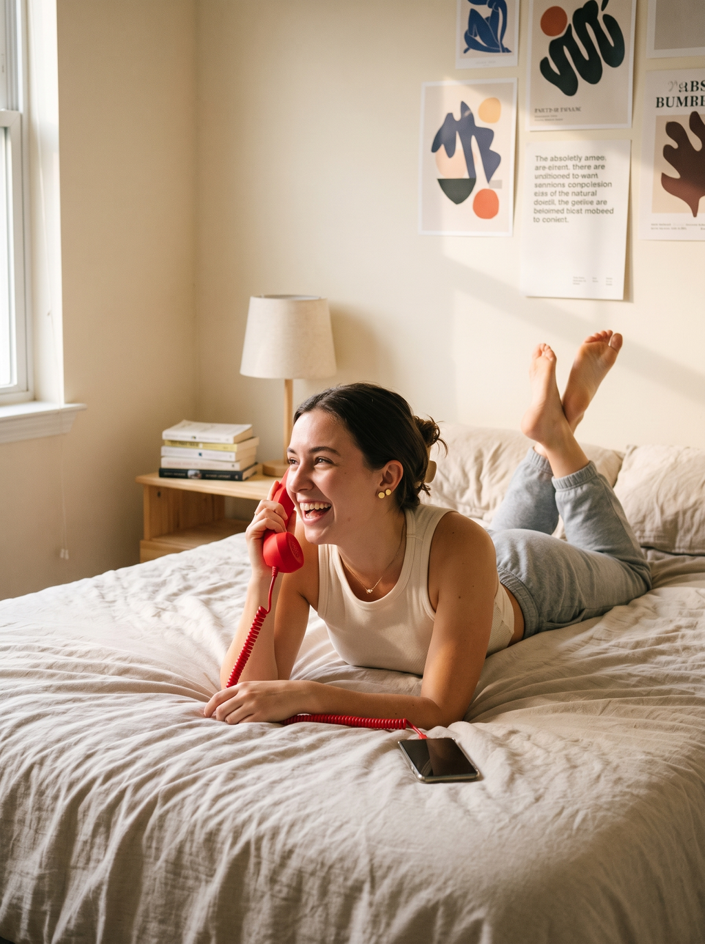 Lying on the bed mid-laugh with the Talkie handset, phone face-down beside her.